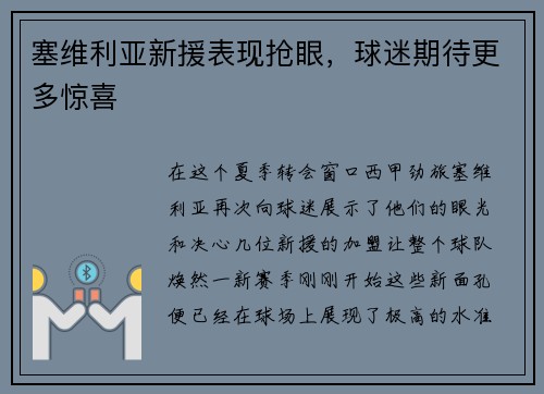 塞维利亚新援表现抢眼，球迷期待更多惊喜